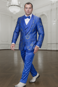 Statement Men's Royal Blue Patterned Vested Tuxedo with Bowtie