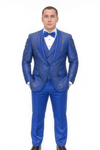 Statement Men's Royal Blue Patterned Vested Tuxedo with Bowtie