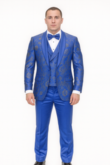 Statement Men's Royal Blue Patterned Vested Tuxedo with Bowtie