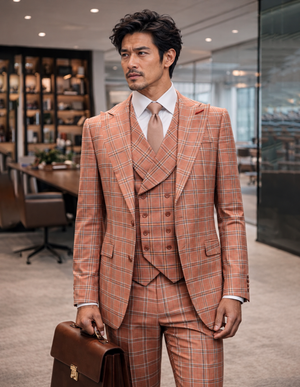 Statement Mens 3 Piece 100% Super Wool Windowpane Suit – Double Breasted Vest, Peak Lapel Modern Fit