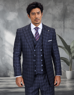 Statement Mens Classic Fit 3 Piece 100% Wool Windowpane Plaid Suit – Wide Leg Pleated Pants