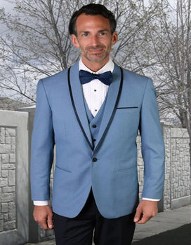 Blue Wedding Tuxedo - Men's Designer Vested Satin Trim Shawl Wedding Steel Blue Prom Tuxedo