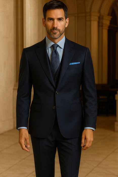 Steve Harvey Suits Clothing line - Steve Harvey Suits Mens Peak Lapel Modern Fit - No Pleated Pants Designer Brand Navy 3 Piece Vested Chest Pocket Suit
