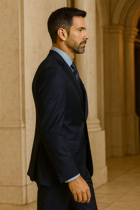 Steve Harvey Suits Clothing line - Steve Harvey Suits Mens Peak Lapel Modern Fit - No Pleated Pants Designer Brand Navy 3 Piece Vested Chest Pocket Suit