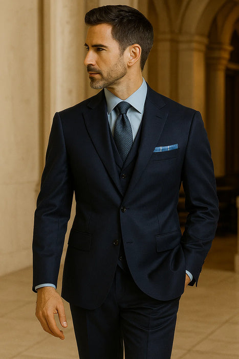 Steve Harvey Suits Clothing line - Steve Harvey Suits Mens Peak Lapel Modern Fit - No Pleated Pants Designer Brand Navy 3 Piece Vested Chest Pocket Suit