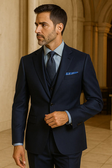 Steve Harvey Suits Clothing line - Steve Harvey Suits Mens Peak Lapel Modern Fit - No Pleated Pants Designer Brand Navy 3 Piece Vested Chest Pocket Suit