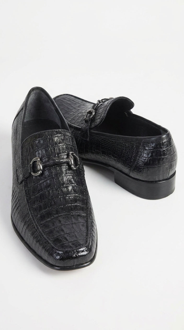 Los Altos Men’s Black Caiman Belly and Lizard Slip-On Dress Shoes, Exotic Bit Loafers