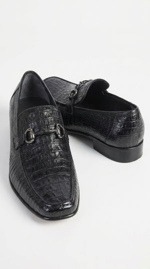 Los Altos Men’s Black Caiman Belly and Lizard Slip-On Dress Shoes, Exotic Bit Loafers