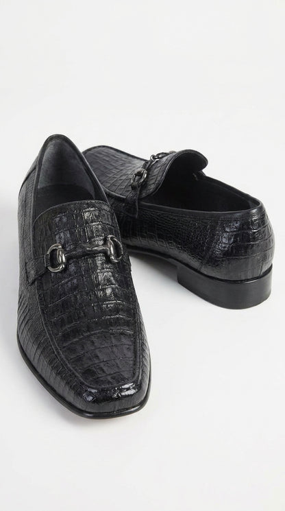 Los Altos Men’s Black Caiman Belly and Lizard Slip-On Dress Shoes, Exotic Bit Loafers