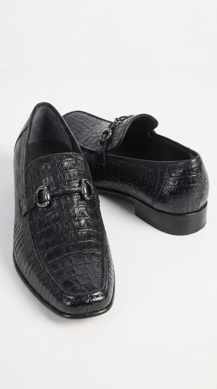 Los Altos Men’s Black Caiman Belly and Lizard Slip-On Dress Shoes, Exotic Bit Loafers