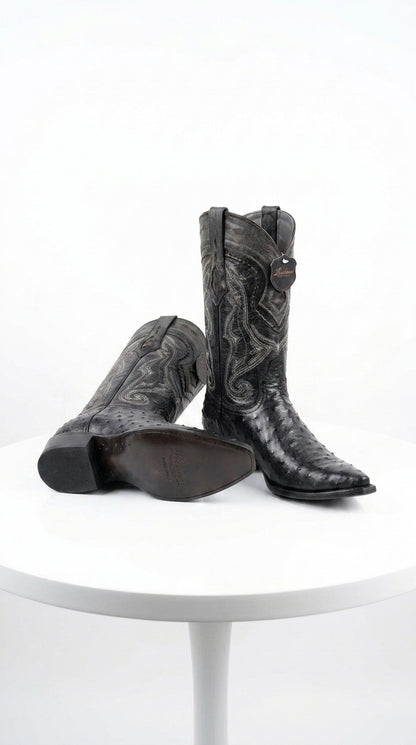 Los Altos Men’s Black Ostrich Pointed Toe Cowboy Boots, 1.5 Inch Walking Heel Botas De Avestruz