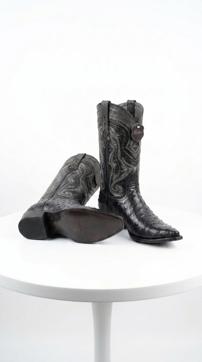 Los Altos Men’s Black Ostrich Pointed Toe Cowboy Boots, 1.5 Inch Walking Heel Botas De Avestruz