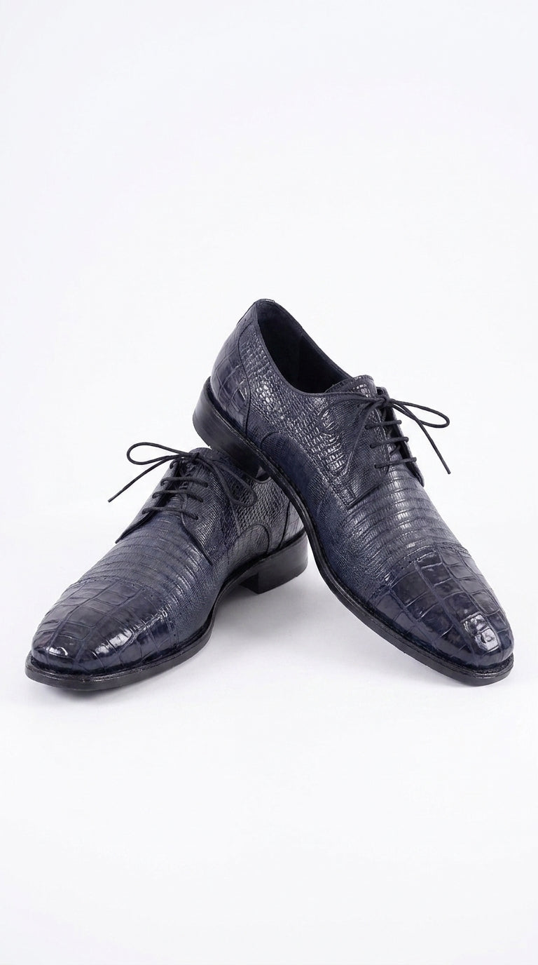 Los Altos Men’s Navy Teju Lizard and Caiman Oxford Shoes, Exotic Lace-Up Formal Dress Shoes