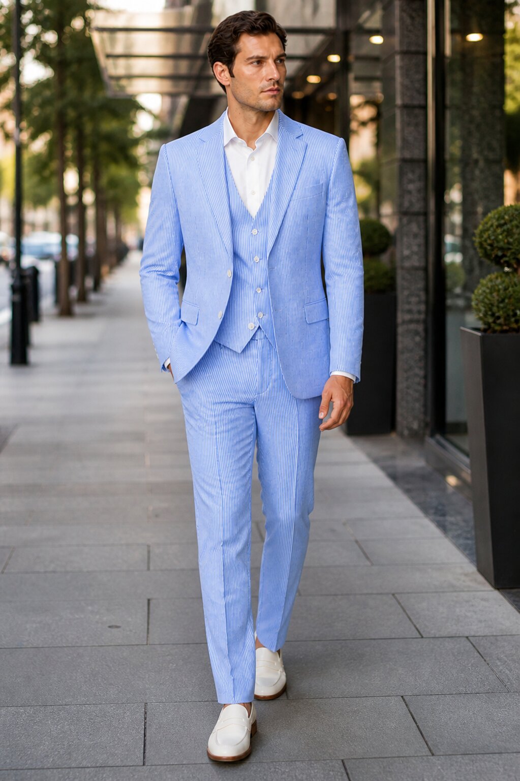 Men's  Notch Label Orange Colour Summer Seersucker Fabric Jacket and Pants 3 Piece Suit