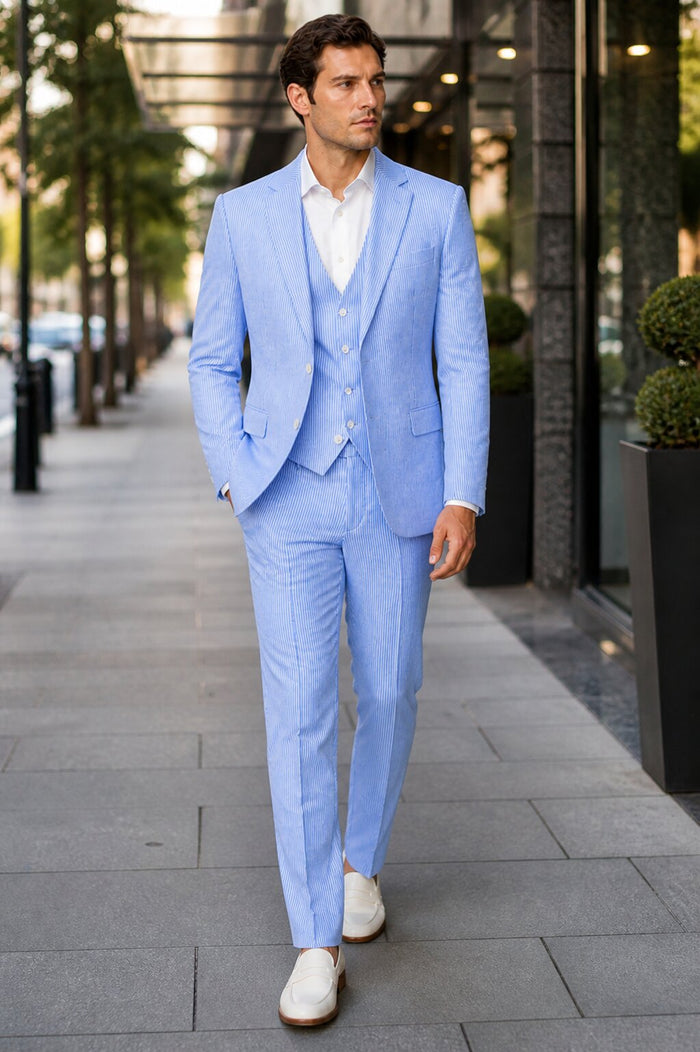 Men's  Notch Label Orange Colour Summer Seersucker Fabric Jacket and Pants 3 Piece Suit