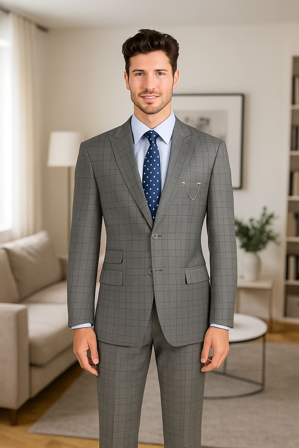 Catania Collection - Modern Fit Windowpane Suit 2 Piece in Medium Gray - Image 3