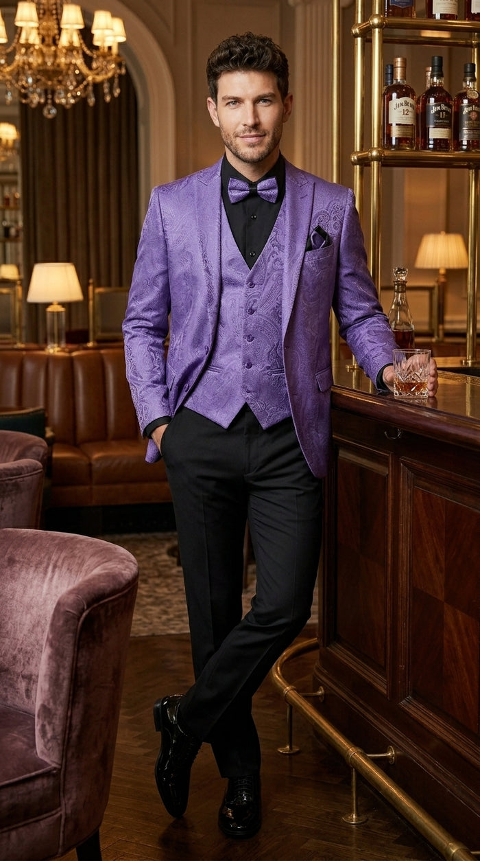 Men’s Purple Paisley Prom Tuxedo Suit, Wedding Floral Jacket with Matching Vest and Pants