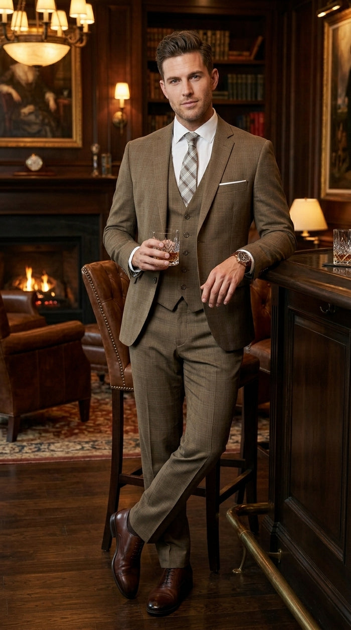 Men’s Taupe Tan Coffee Windowpane Plaid 3 Piece Suit, Two Button Vested Wedding Business Suit Set