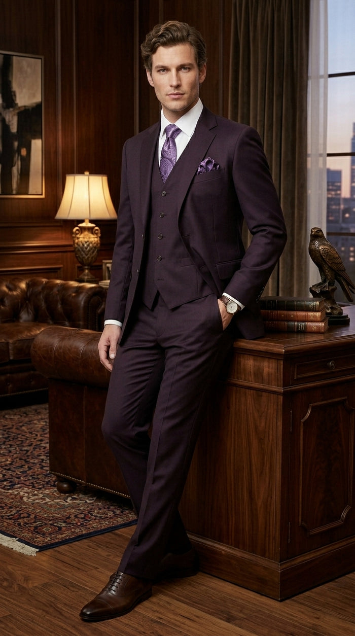 Men’s Very Dark Purple Plum Eggplant 3 Piece Suit, Classic Vested 2 Button Wedding Business Suit Set