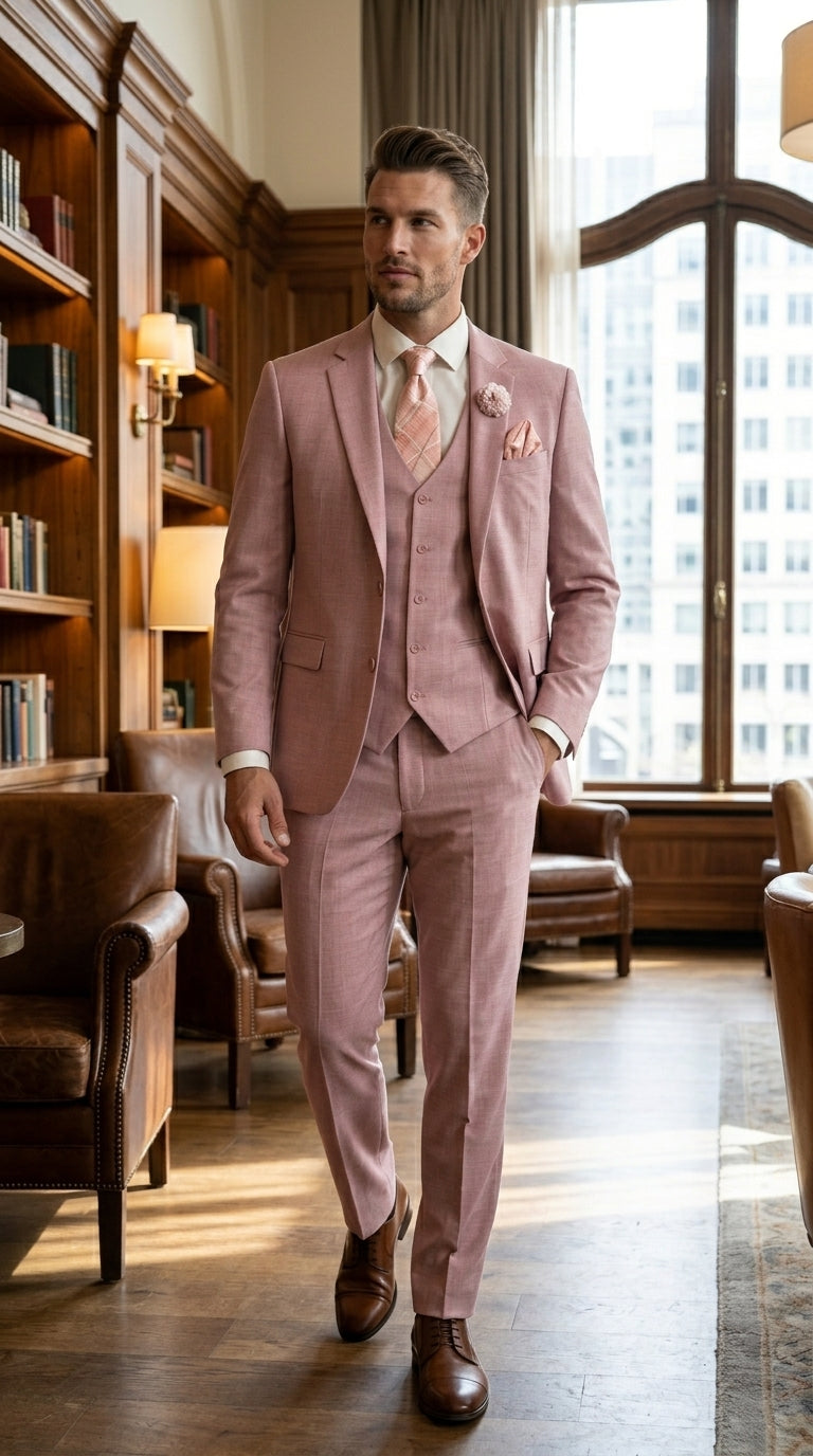 Men’s Mauve Rose Gold Light Pink 3 Piece Wedding Suit, Formal Vested Groom Prom Suit Set