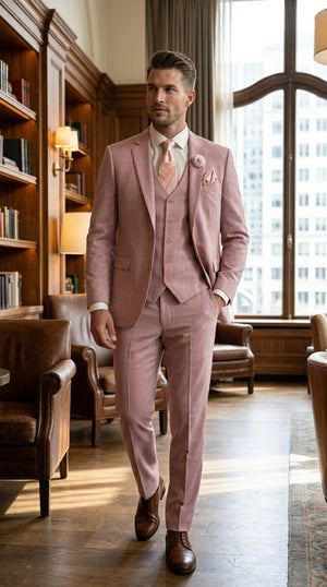 Men’s Mauve Rose Gold Light Pink 3 Piece Wedding Suit, Formal Vested Groom Prom Suit Set