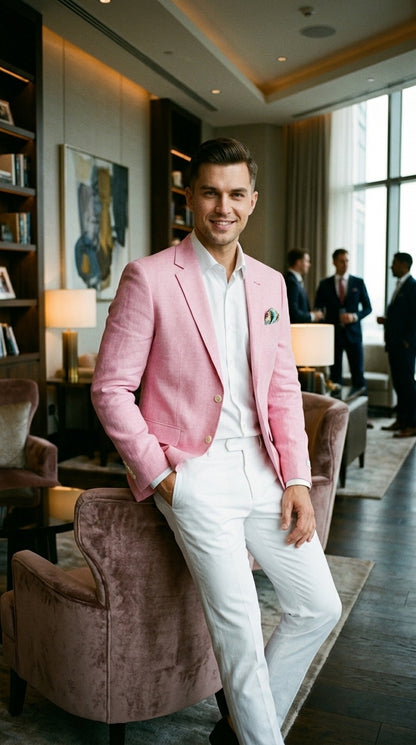 Men’s Pink Lightweight Easter Suit, Jacket and Pants Summer Wedding Prom Dress Suit Set