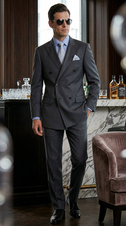 Men’s Charcoal Grey Double Breasted Wool Suit, Designer Formal Wedding Business Dress Suit Set Modern Fit