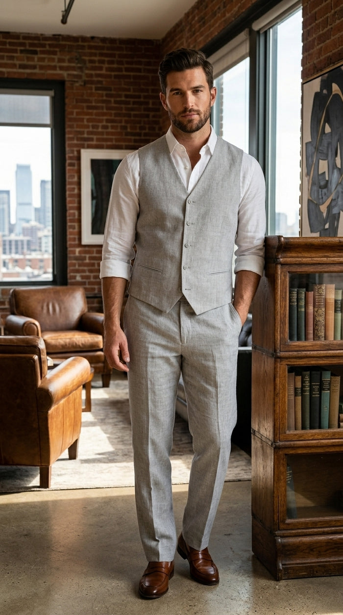 Men’s Light Grey Linen Feel Vest and Pants Set, Beach Wedding Summer Formal Outfit