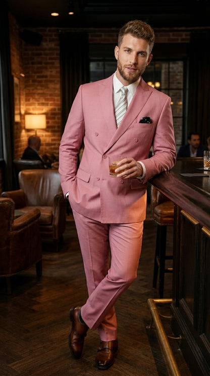 Men’s Blush Pink Double Breasted Easter Suit, Lightweight Summer Wedding Church Dress Suit Set Modern Fit