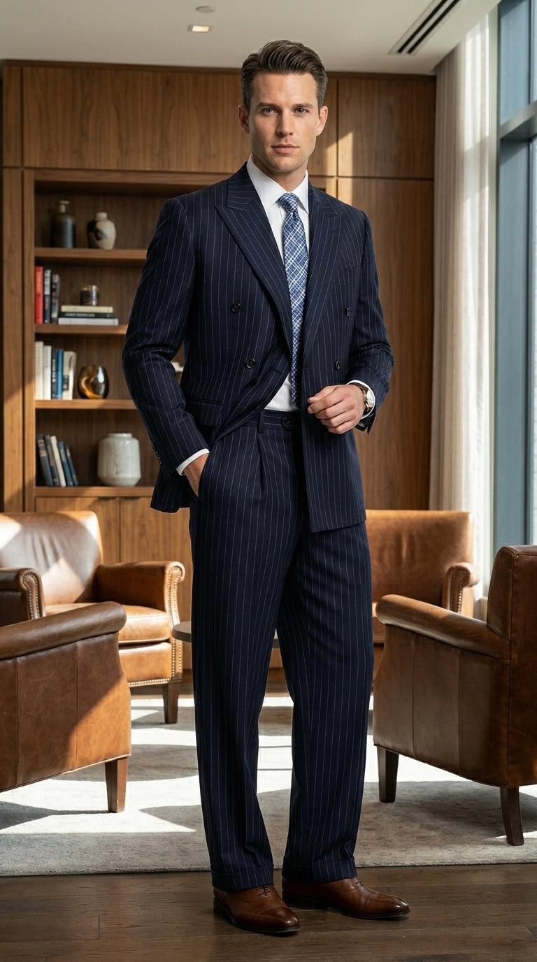 Men’s Dark Navy Blue Pinstripe Double Breasted Suit, Formal Business Wedding Dress Suit Set