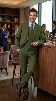 Men’s Olive Vested Suit, Classic Fit 3 Piece Flat Front Formal Wedding Business Suit Set