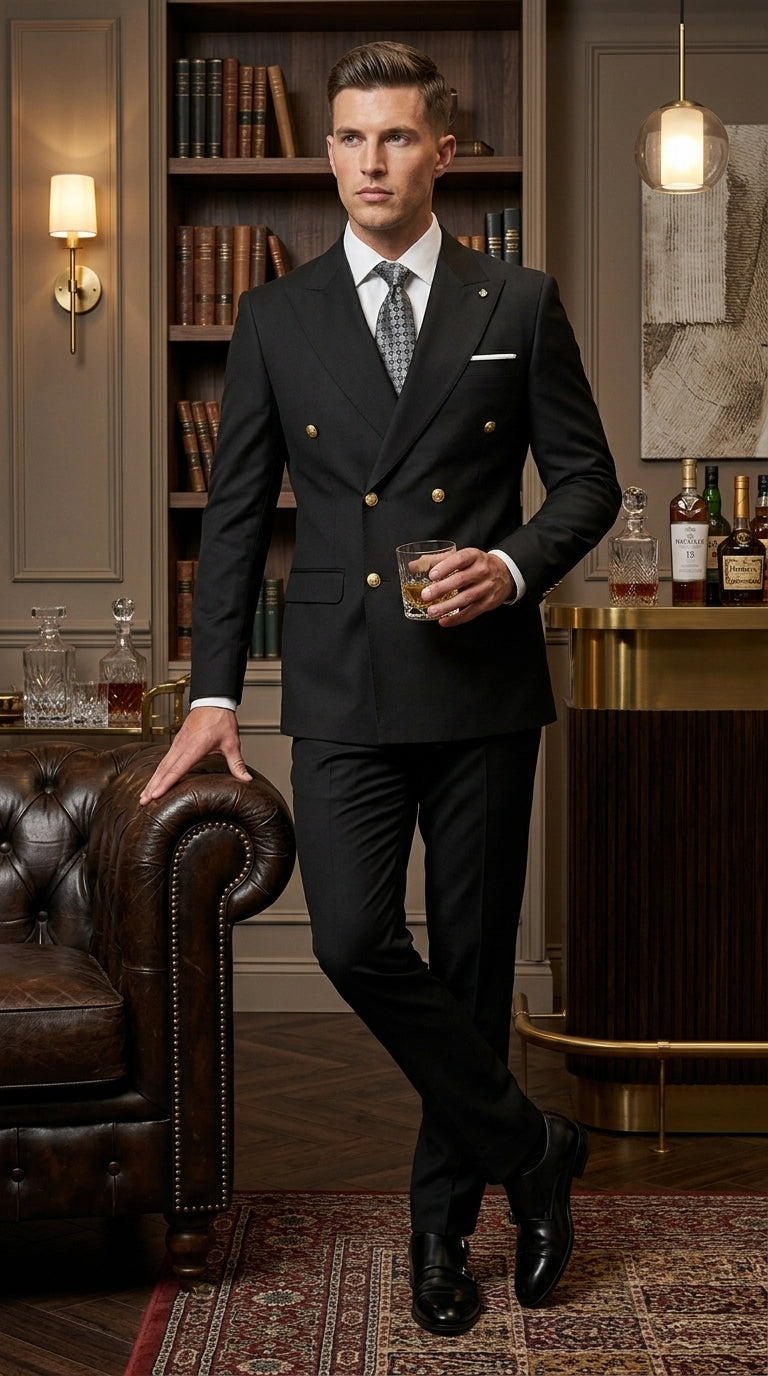 Men’s Black Double Breasted Wool Suit with Gold Buttons, Designer Formal Wedding Business Suit Set Modern Fit