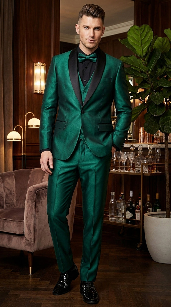 Men’s Emerald Green 3 Piece Tuxedo with Black Satin Shawl Lapel and Matching Vest