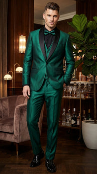Men’s Emerald Green 3 Piece Tuxedo with Black Satin Shawl Lapel and Matching Vest