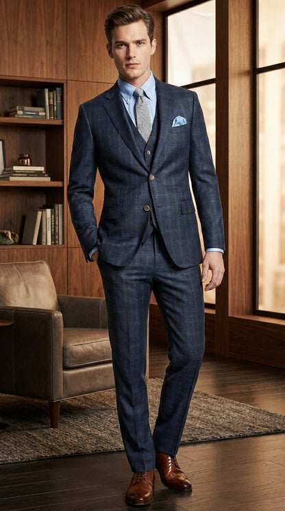 Men’s Charcoal Grey and Blue Plaid 3 Piece Vested Suit, Formal Wedding Business Dress Suit Set