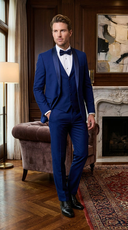 Men’s Bright Sapphire Blue 1 Button Shawl Lapel Vested Tuxedo, Formal Wedding Prom Dinner Suit Set