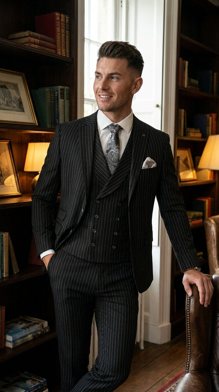 Mens Italian Wool Suit Color Black - Men's Designer Wool Pleated Pant Vested Black Gangster Pinstripe Suit