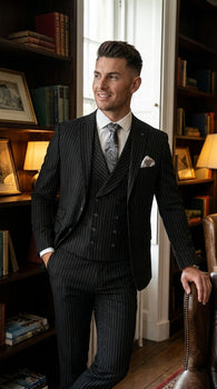 Mens Italian Wool Suit Color Black - Men's Designer Wool Pleated Pant Vested Black Gangster Pinstripe Suit