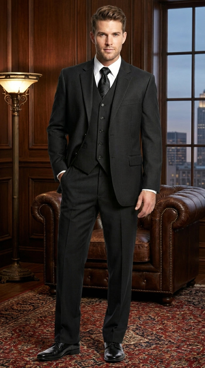 Men’s Black Shadow Stripe 3 Piece Suit, Tone on Tone Pinstripe Italian Design Formal Suit