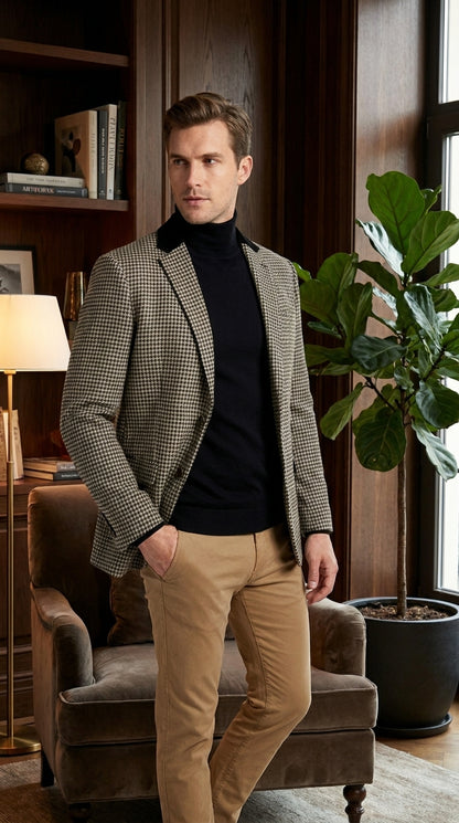 Men’s White and Black Houndstooth Checkered Blazer, Dress Casual Sport Coat Jacket
