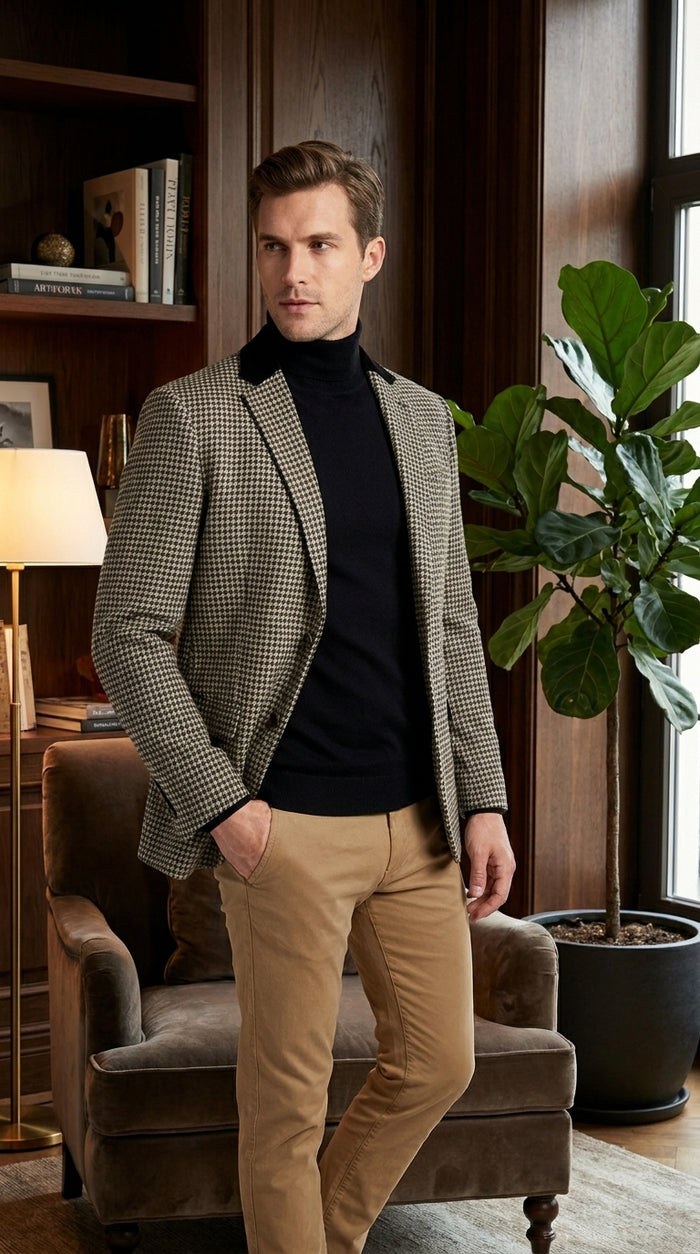 Men’s White and Black Houndstooth Checkered Blazer, Dress Casual Sport Coat Jacket