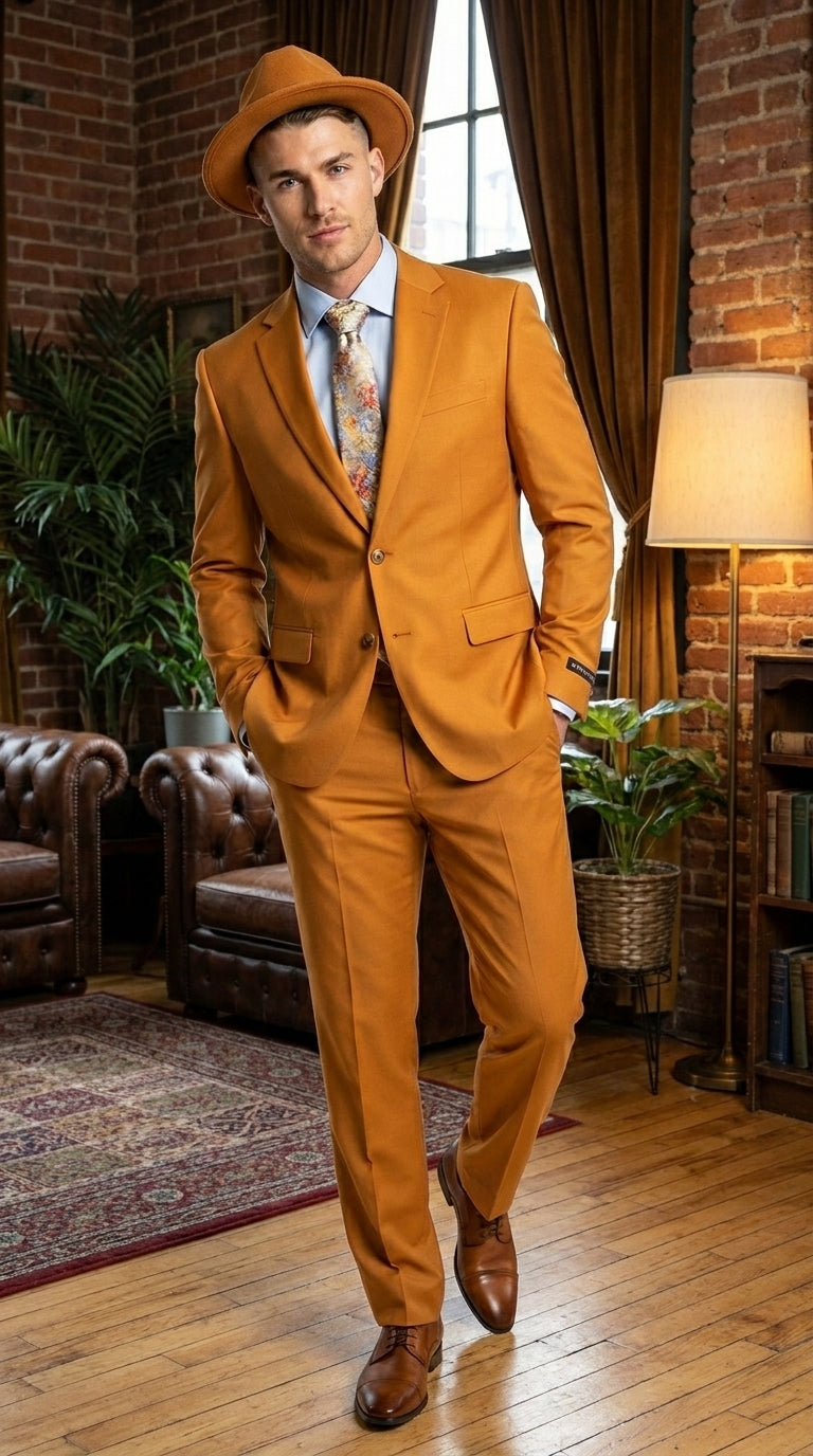 Men’s Light Rust Copper 2 Button Modern Fit Suit, Fall Color Church Dress Suit