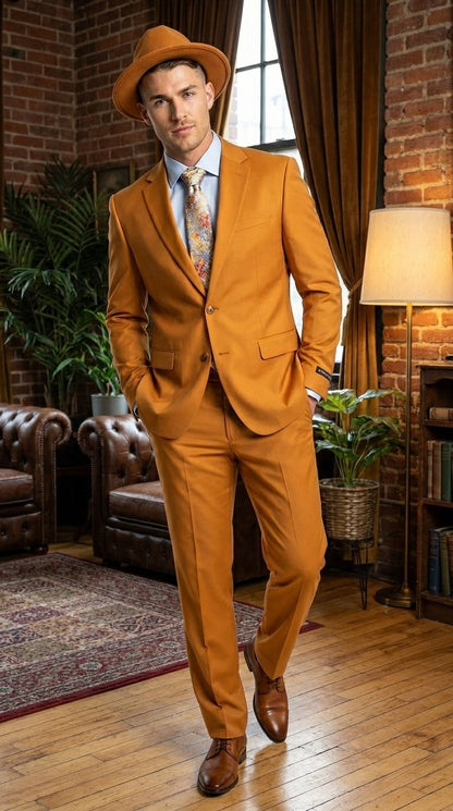 Men’s Light Rust Copper 2 Button Modern Fit Suit, Fall Color Church Dress Suit