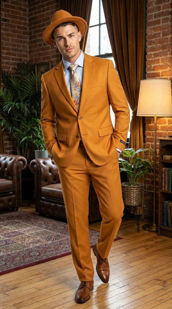 Men’s Light Rust Copper 2 Button Modern Fit Suit, Fall Color Church Dress Suit