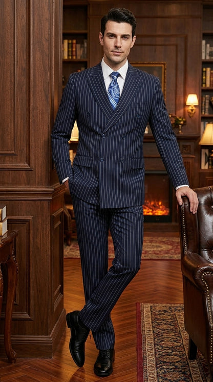Men’s Navy Blue Double Breasted Gangster Pinstripe Suit, 1920s Formal Dress Suit