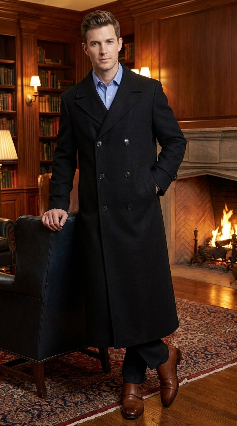 Men’s Black Diamond Solid Black Wool Double Breasted Gabardine Trench Coat