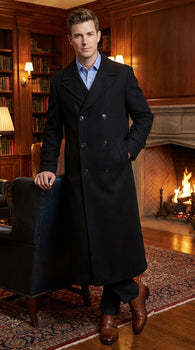 Men’s Black Diamond Solid Black Wool Double Breasted Gabardine Trench Coat