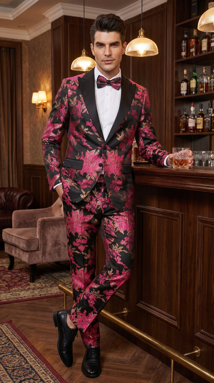 Men’s Fuchsia Pink and Black Floral Paisley Prom Tuxedo Suit, Shawl Lapel Wedding Party Formal Wear