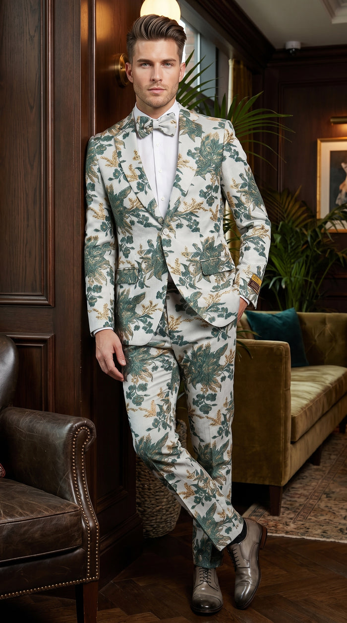 Men’s Green and Gold Floral Paisley Tuxedo Suit with Matching Bow Tie, Fancy Prom Wedding Formal Suit Set