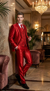 Men’s Red Shiny 3-Piece Suit – Satin Wedding, Prom, Party and Formal Suit with Vest